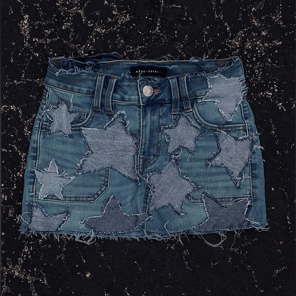 Custom Made Acud Wash Frayed Star Denim Skirt